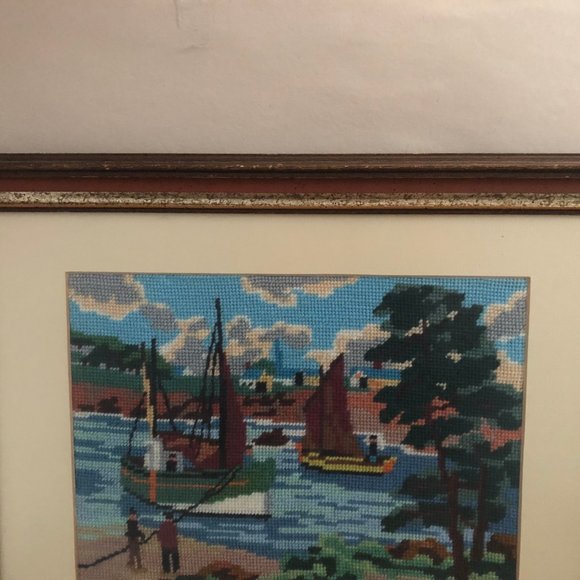 Needlework embroidery yarn art picture boat tree water people landscape - Picture 5 of 7